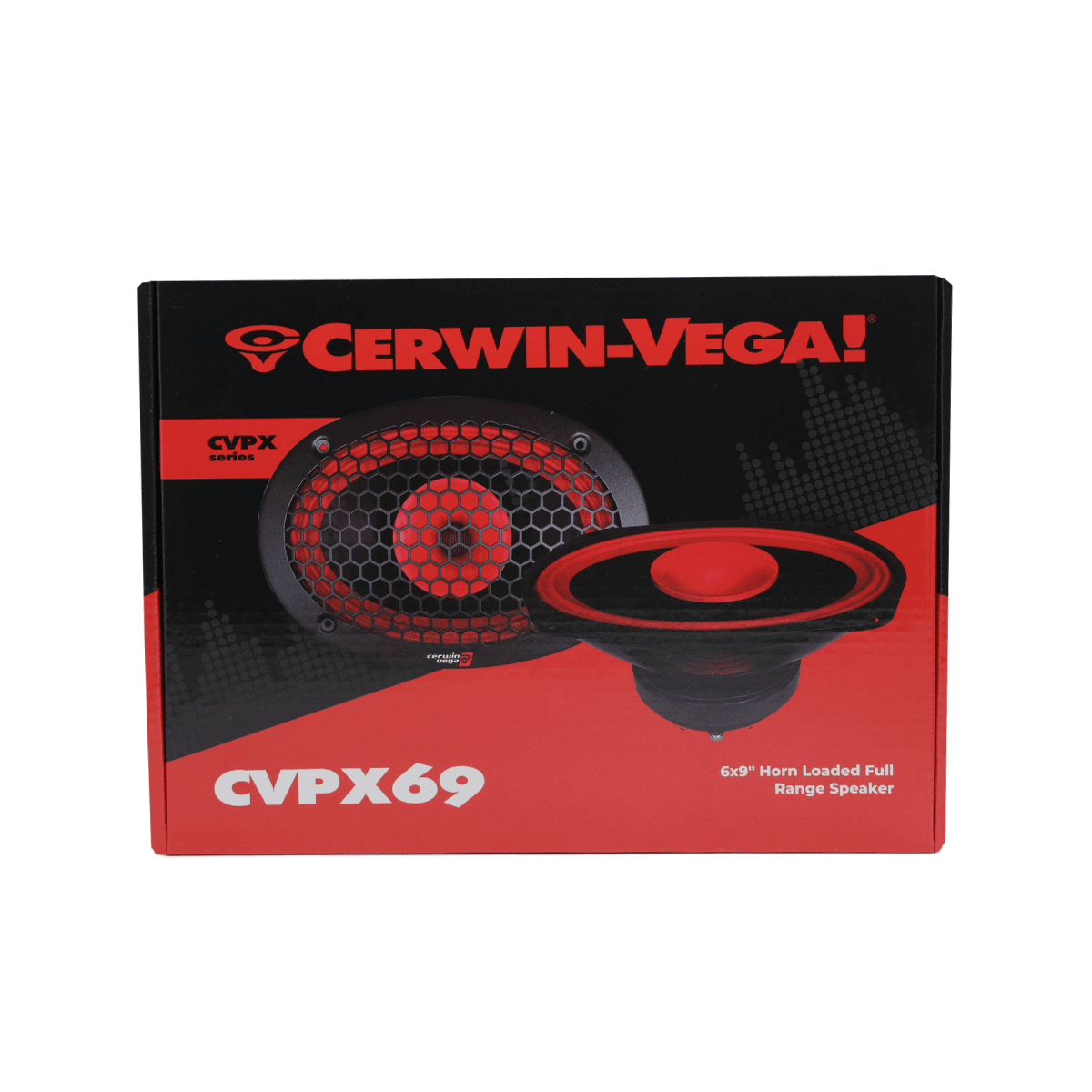 The image displays a Cerwin-Vega! CVPX69 speaker box with bold red and black graphics, featuring the Cerwin-Vega! logo and a dynamic speaker image with a red accent. It highlights the CVPX Series' 6"x9" 2-way full range speaker with horn tweeter known for exceptional audio performance.