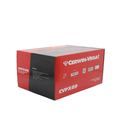 The Cerwin-Vega CVPX69 box for the CVPX Series 6"x9" 2-Way Full Range Speaker w/Horn Tweeter rests on a white background, showcasing top audio performance. It displays the brand logo, model name, QR code, and specs text. "Cerwin-Vega!" is prominently on the side.