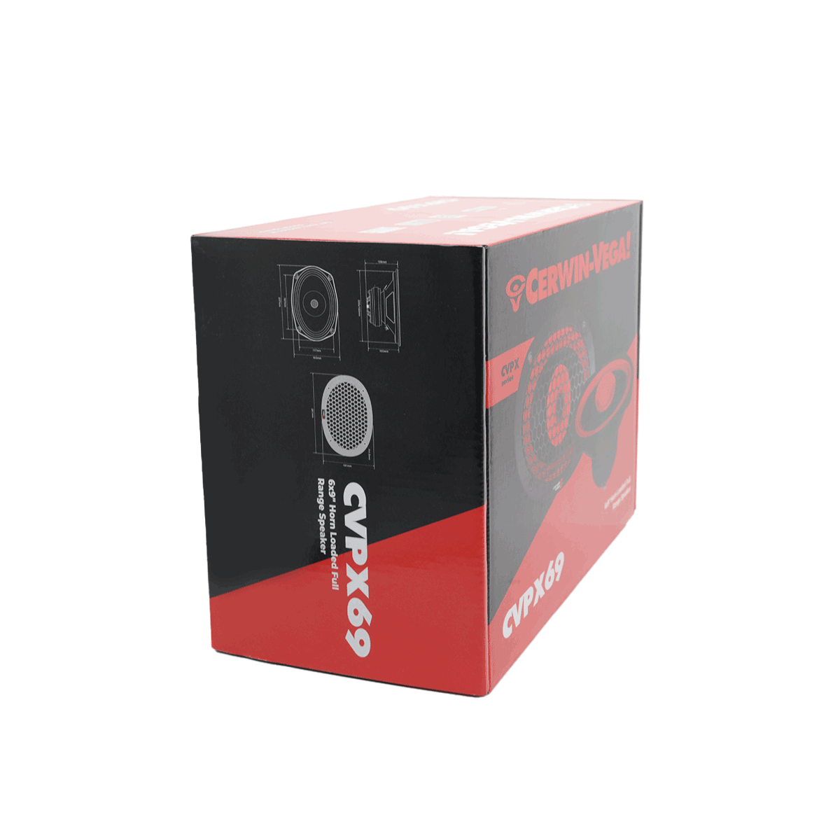 A rectangular box features the CVPX69 from the CVPX Series, showcasing Cerwin Vega car speakers. The red and black background includes images, branding, technical drawings, and logo. These speakers offer exceptional audio performance with horn-loaded drivers.