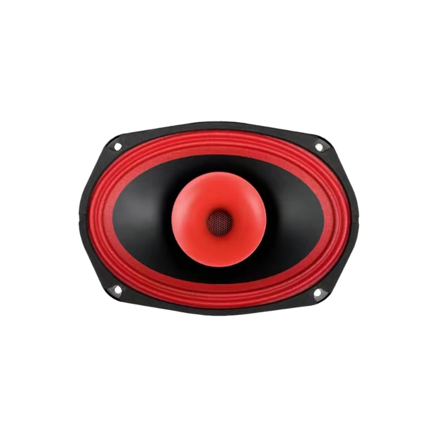 The CVPX69 speaker from the CVPX Series features a black body with a bold red cone, surrounded by a red ring. Its design includes four visible screw holes on the black mount, ensuring exceptional audio performance. The speaker is isolated on a white background.