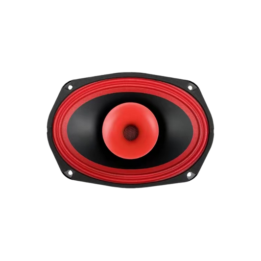 The CVPX69 speaker from the CVPX Series features a black body with a bold red cone, surrounded by a red ring. Its design includes four visible screw holes on the black mount, ensuring exceptional audio performance. The speaker is isolated on a white background.