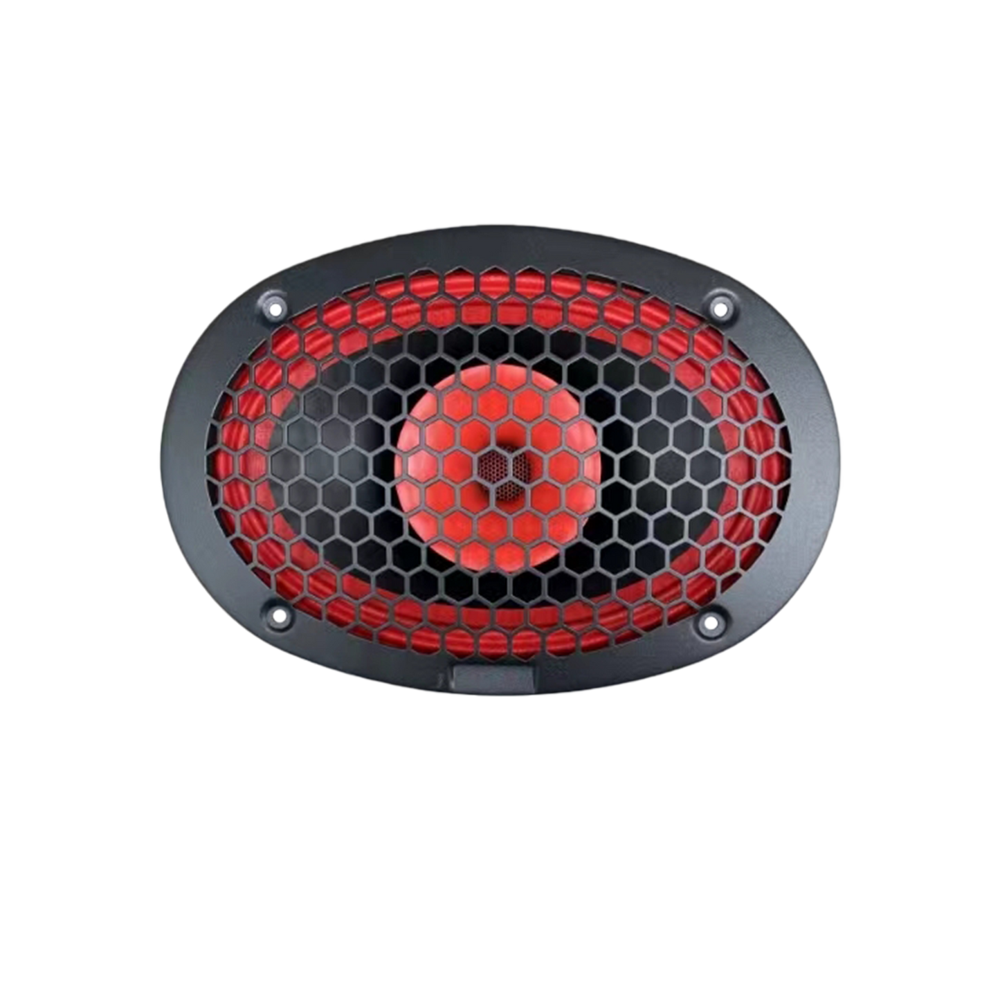 The CVPX69 from the CVPX Series is a 6"x9" speaker featuring a black frame and red cone, covered by a black honeycomb grille. Its horn-loaded drivers deliver exceptional audio performance with striking contrast.