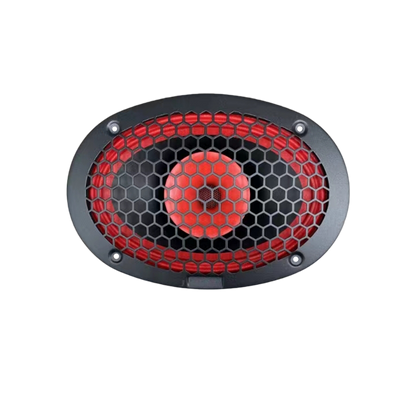 The CVPX69 from the CVPX Series is a 6"x9" speaker featuring a black frame and red cone, covered by a black honeycomb grille. Its horn-loaded drivers deliver exceptional audio performance with striking contrast.