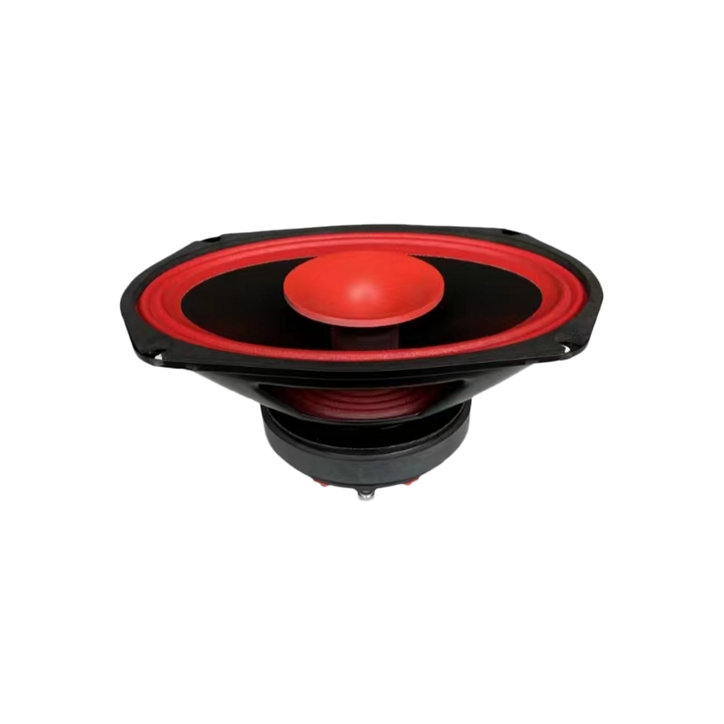 The CVPX69 speaker from the CVPX Series is a 6"x9" oval-shaped, red-dome, 2-way full-range model featuring a sleek black body with red accents on a plain white background to enhance its audio performance.