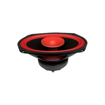 The CVPX69 speaker from the CVPX Series is a 6"x9" oval-shaped, red-dome, 2-way full-range model featuring a sleek black body with red accents on a plain white background to enhance its audio performance.