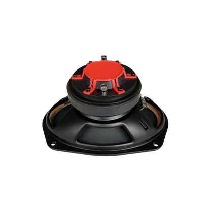 The CVPX69 from the CVPX Series is a compact black oval 6"x9" 2-way full-range speaker with a red dome, circular and rectangular base, visible screws, and a metallic side component. It features horn-loaded drivers for exceptional audio performance.