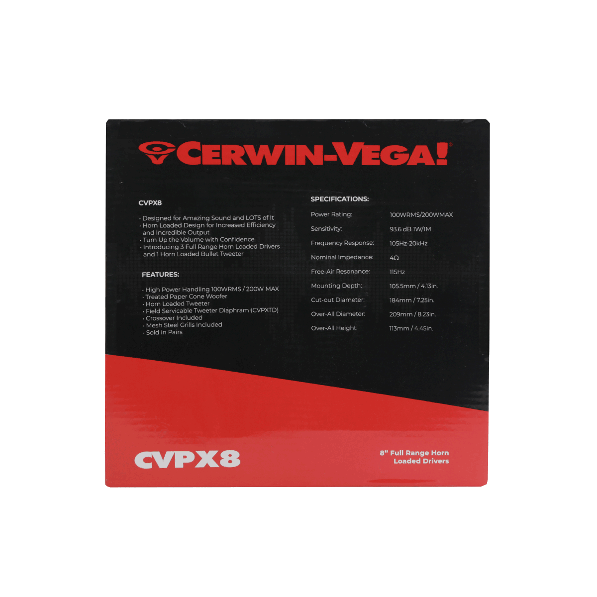 The image features the back panel of the horn-loaded Cerwin-Vega CVPX8 speaker with its logo and name at the top, specifications on the left, and detailed technical specs on the right, all set against a black background with a red bottom section.