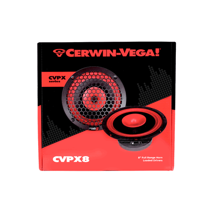 The image showcases a box for the Cerwin-Vega CVPX8 from the CVPX Series, featuring an 8" horn-loaded driver. Predominantly black and red with the iconic logo, it presents a striking red cone and black grille.