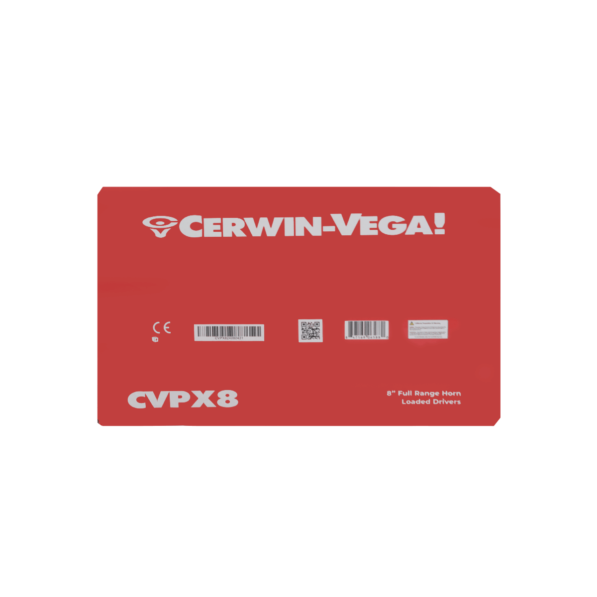 A red box prominently displays "CERWIN-VEGA!" at the top in bold white. Below, "CVPX8" is highlighted as part of the CVPX Series featuring horn-loaded tech. The bottom right reads "8” 2-Way Full Range Speaker w/Horn Tweeter." Barcodes and certification logos are centered above.