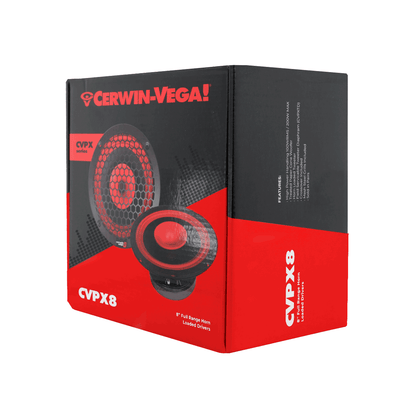 The CVPX8 speaker packaging features a bold red and black design, showcasing the horn-loaded 8" speaker. The Cerwin-Vega logo is at the top, and white text with features and specs is on the sides of this rectangular box from the CVPX Series.