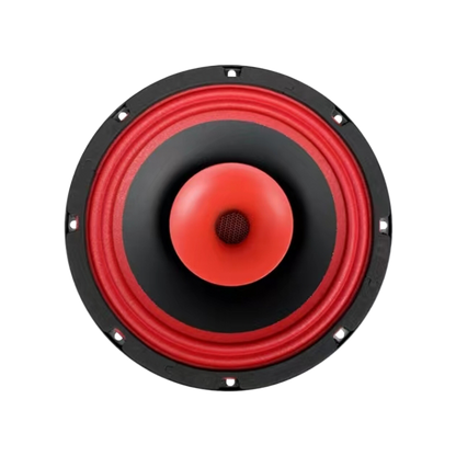 The Cerwin-Vega CVPX8 speaker, part of the CVPX Series, features a striking design with a black outer casing, vibrant red cone, and dome-shaped red dust cap. Its bold contrast and symmetrical look highlight its horn-loaded capability.