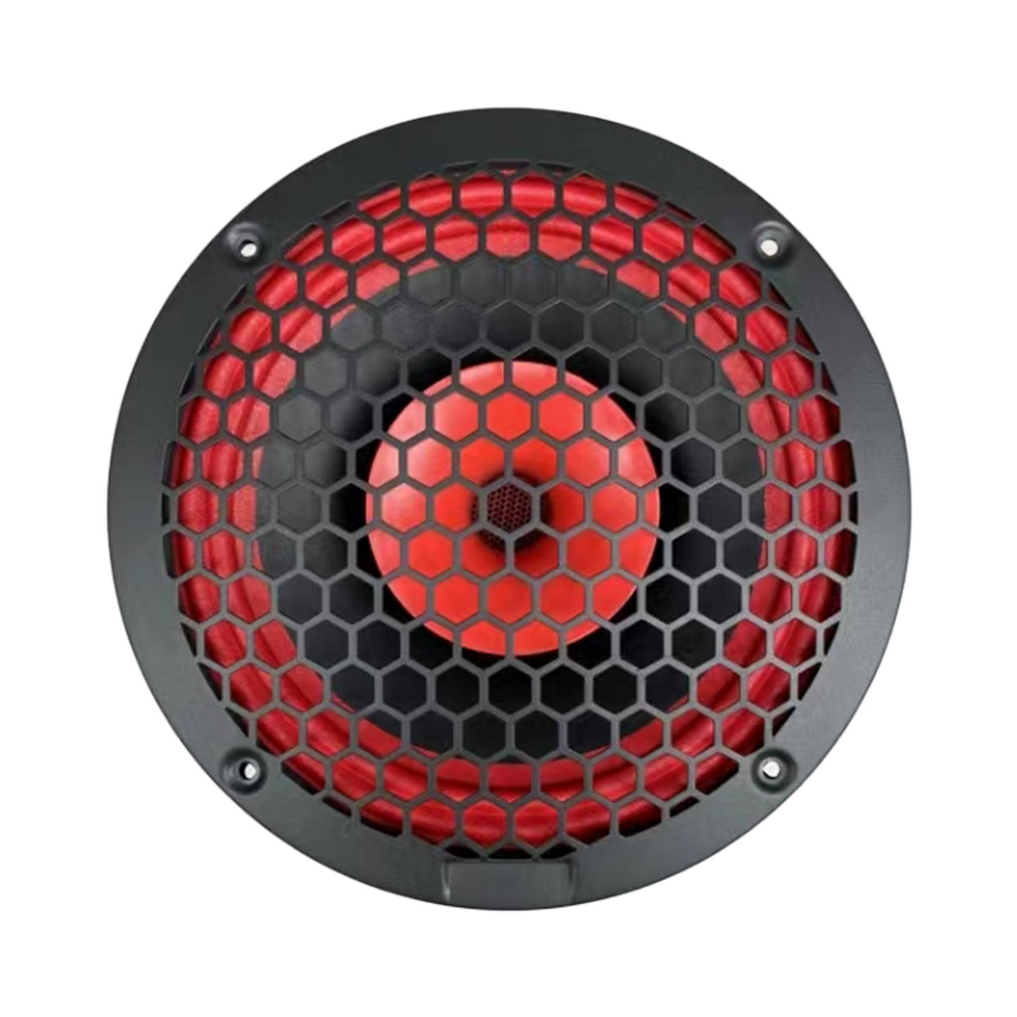 The CVPX8 from the Cerwin-Vega CVPX Series is an 8" 2-way speaker with a horn tweeter. It features a honeycomb-patterned black grille, a bright red central cone, and a red ring for bold contrast. The black outer frame has four evenly spaced mounting screw holes.