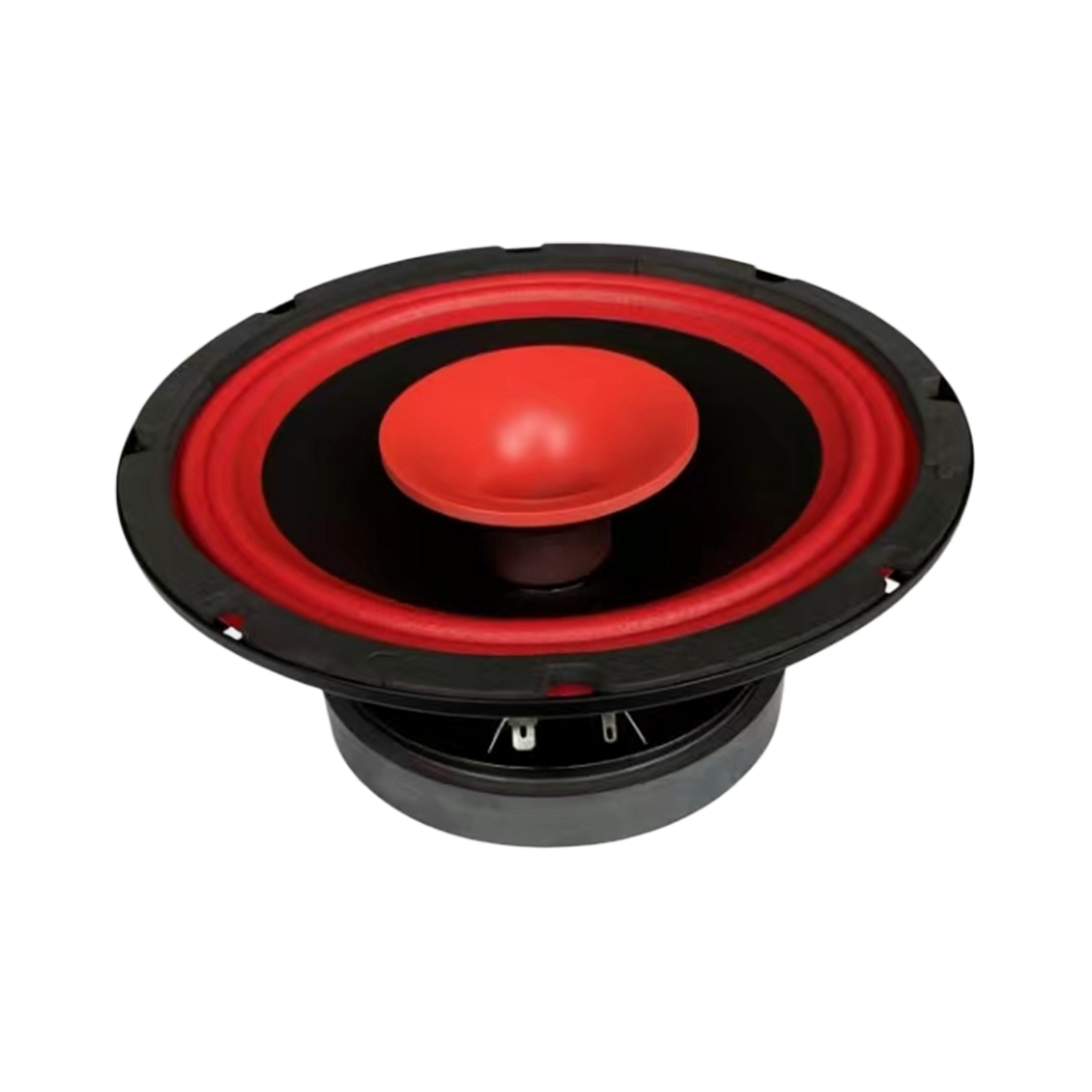 The CVPX8 from Cerwin-Vega is a visual masterpiece in red and black, showcasing a large cone with a red center dome and rubber surround. Its black frame integrates smoothly, while visible wires and the rear magnet contrast against the plain white backdrop.