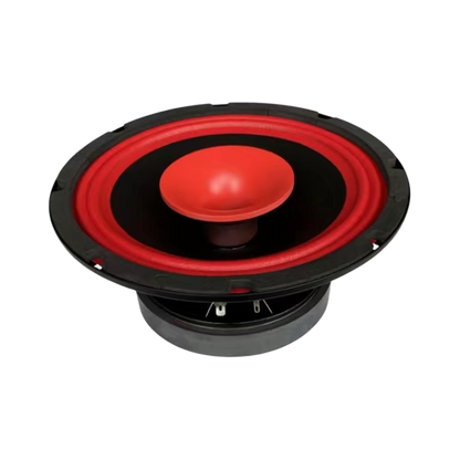 The CVPX8 from Cerwin-Vega is a visual masterpiece in red and black, showcasing a large cone with a red center dome and rubber surround. Its black frame integrates smoothly, while visible wires and the rear magnet contrast against the plain white backdrop.