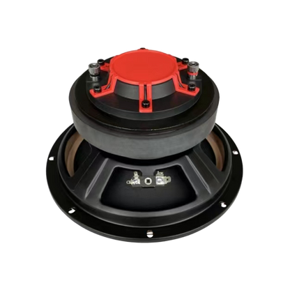 Close-up of a CVPX8 from the CVPX Series, showcasing its black and red design with a circular frame. The speaker has visible wire connectors and mounting points, all set against a white background to emphasize its details.