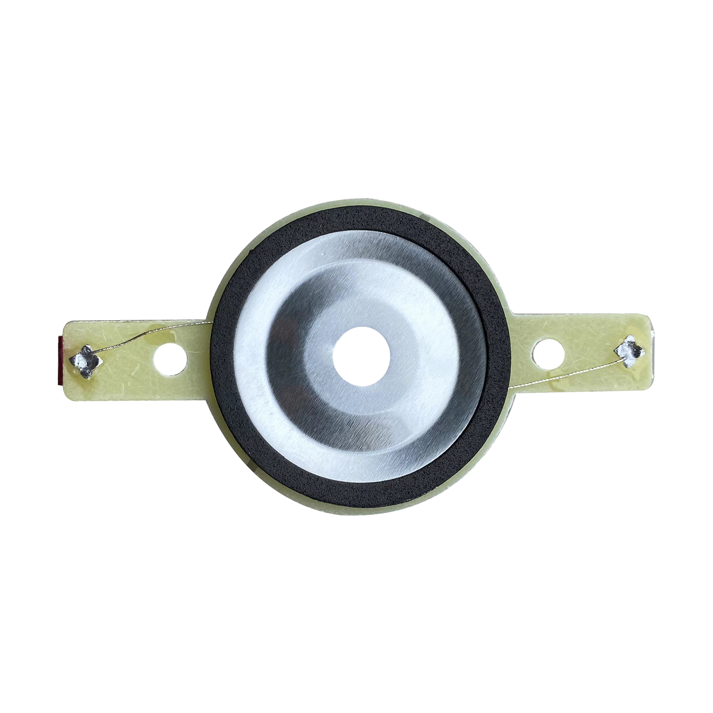 The CVPXTD, a replacement tweeter diaphragm for CVPX Series models, features a metallic dome with a central bulge bordered by a black rubber ring. It's attached to a beige bracket with dual holes and wires on each side against a white backdrop.