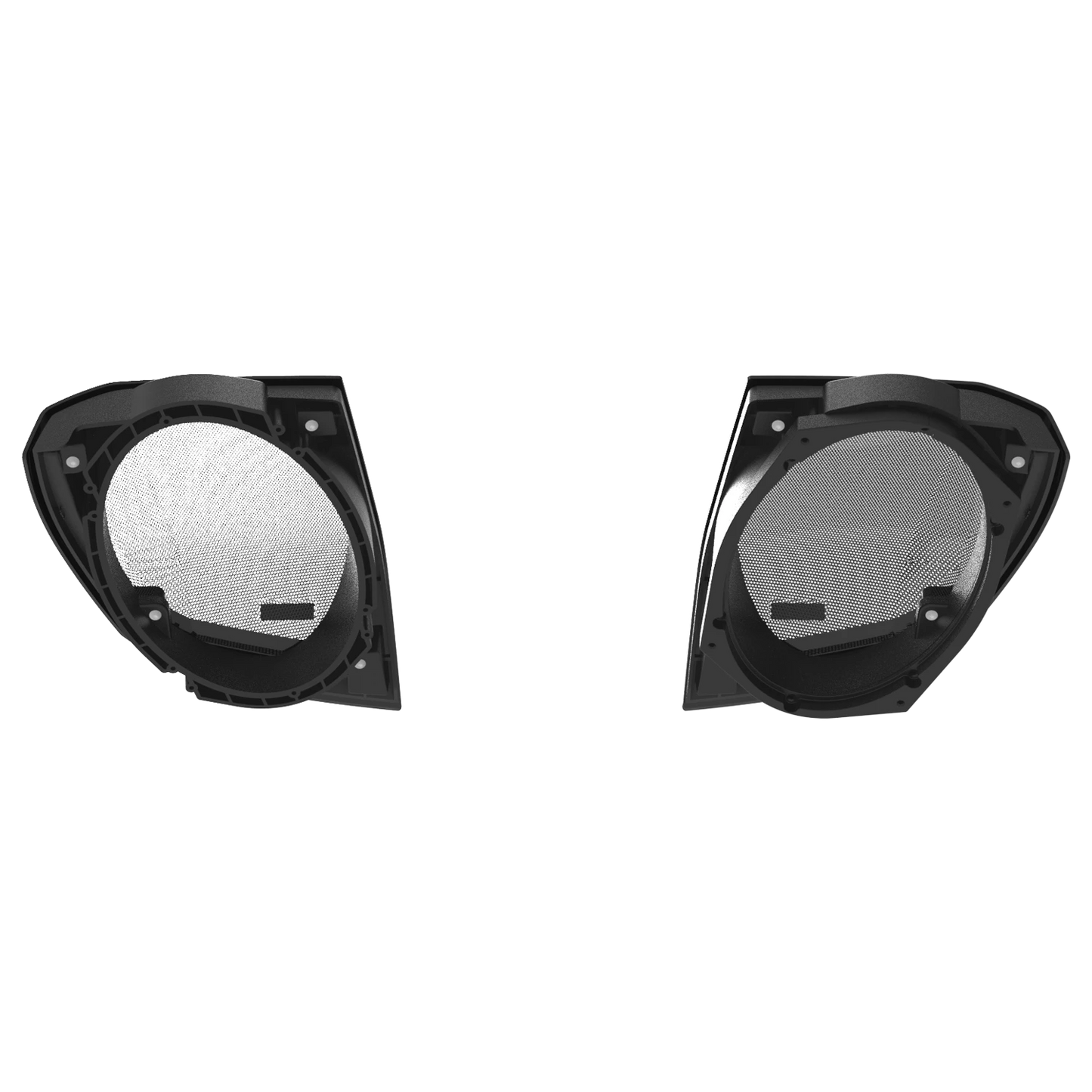 Two black headlight housings, featuring a mesh-like interior texture and precision akin to the 2024+ Harley Davidson® Cut-In Lid Kit with PH694 Speakers, are symmetrically placed against a white background. They have a rounded shape with angled edges and a smooth finish.