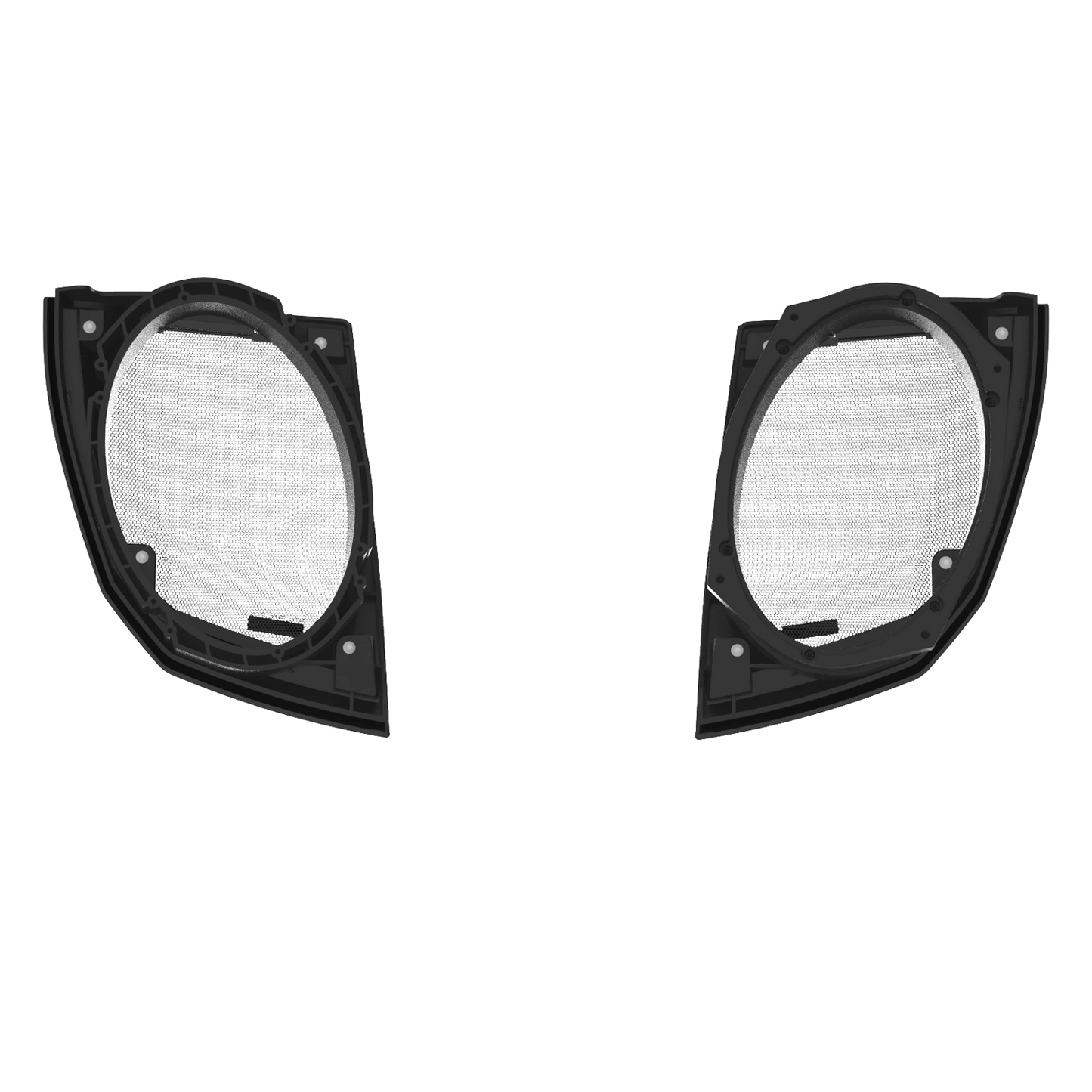 Two black semi-circular headlight trims resemble the 2024+ Harley Davidson® Cut-In Lid Kit with PH694 (4Ω) Speakers, symmetrically placed on a white background. The trims have a solid frame, visible mounts, and a mesh center for airflow or protection.