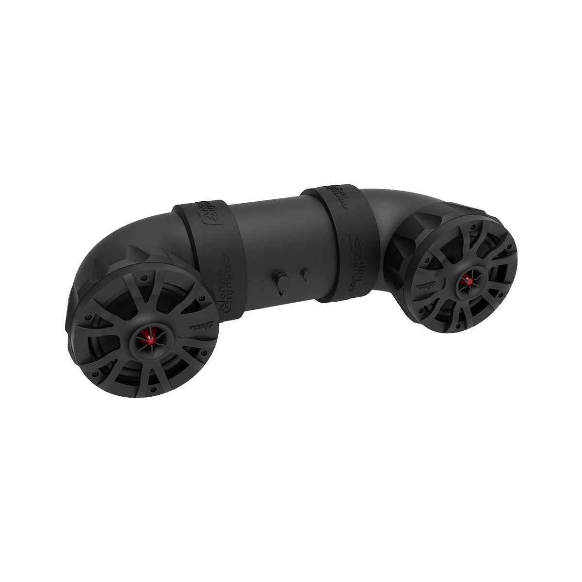 The UTV65 is a black cylindrical audio device with Bluetooth, featuring dual 6.5” speakers with red accents. Its sleek body has subtle branding and reinforced joints for durability, making it compact and ready for any adventure.