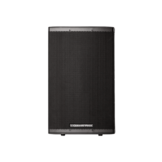 The CVX Series 15" 2-Way Powered Speaker (CVX-15) by Cerwin-Vega showcases a sleek, black design with a tall rectangular shape and textured front grille. The centered brand logo enhances its minimalist appeal against the plain white backdrop.