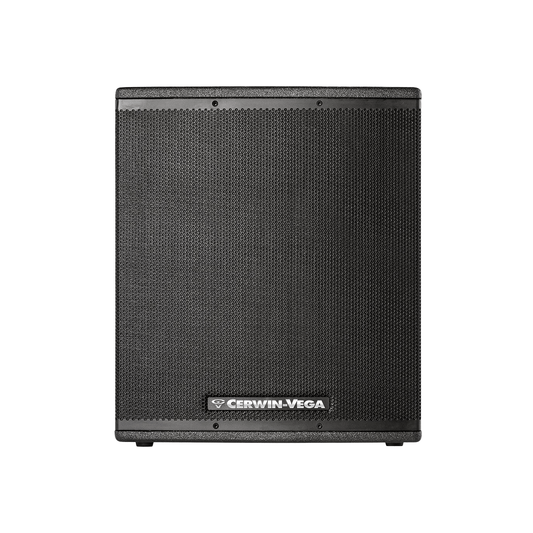 The black CVX Series 18" Powered Subwoofer (CVX-18S) by Cerwin-Vega features a cube shape with a mesh front, displaying the logo at the bottom center. It has a textured, durable surface with reinforced edges, ideal for professional audio amplification.