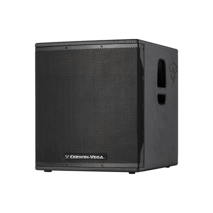 The CVX Series 18" Powered Subwoofer - CVX-18S features a textured front grille with the iconic logo at the bottom, a side handle for easy transport, and rests on rubber feet. Ideal for audio amplification in various settings.