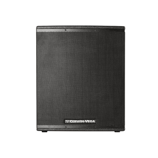 The CVX Series 21" Powered Subwoofer - CVX-21S by Cerwin-Vega is a sleek black rectangular speaker with rounded edges, small feet, and a textured front grille featuring a logo at the bottom center, ideal for professional audio use.