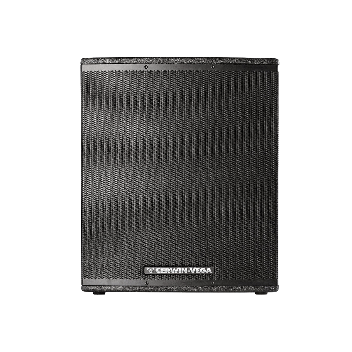 The front view of the black Cerwin-Vega CVX Series Powered Subwoofer showcases a large perforated grille covering the speaker, a centered logo on a reflective panel at the bottom, rounded edges, and a textured finish.