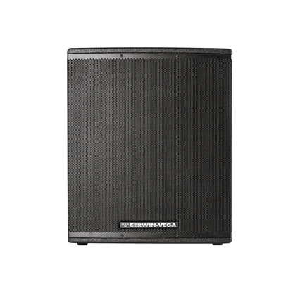 The front view of the black Cerwin-Vega CVX Series Powered Subwoofer showcases a large perforated grille covering the speaker, a centered logo on a reflective panel at the bottom, rounded edges, and a textured finish.