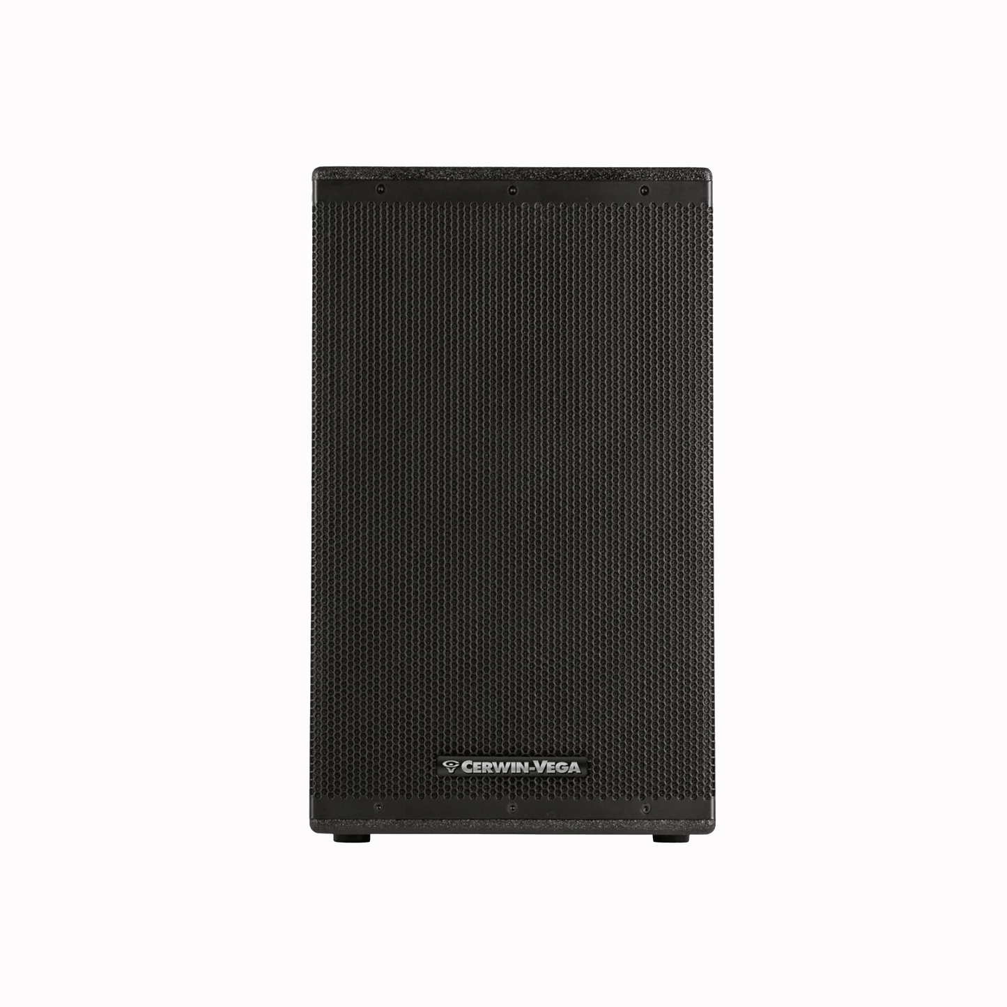 The black CVXL-112 powered loudspeaker from Cerwin-Vega's CVXL Series boasts a textured grille, smooth rectangular design, and logo at the bottom center. It is designed for optimal audio performance and rests on black feet against a plain white background.