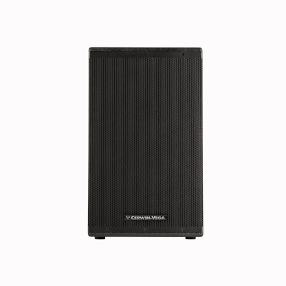 The black CVXL-112 powered loudspeaker from Cerwin-Vega's CVXL Series boasts a textured grille, smooth rectangular design, and logo at the bottom center. It is designed for optimal audio performance and rests on black feet against a plain white background.