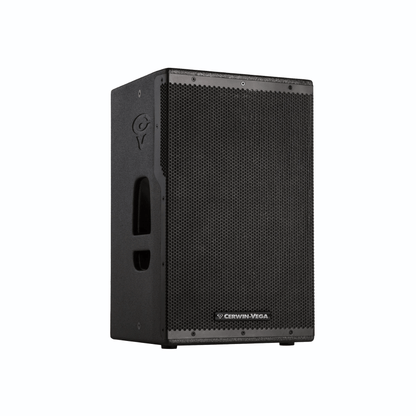 The CVXL-112, a black rectangular powered loudspeaker from the Cerwin-Vega CVXL Series, features a perforated metal grille, an iconic logo at the bottom center, and a side handle for easy transport. The brand's emblem is elegantly engraved near the top corner.