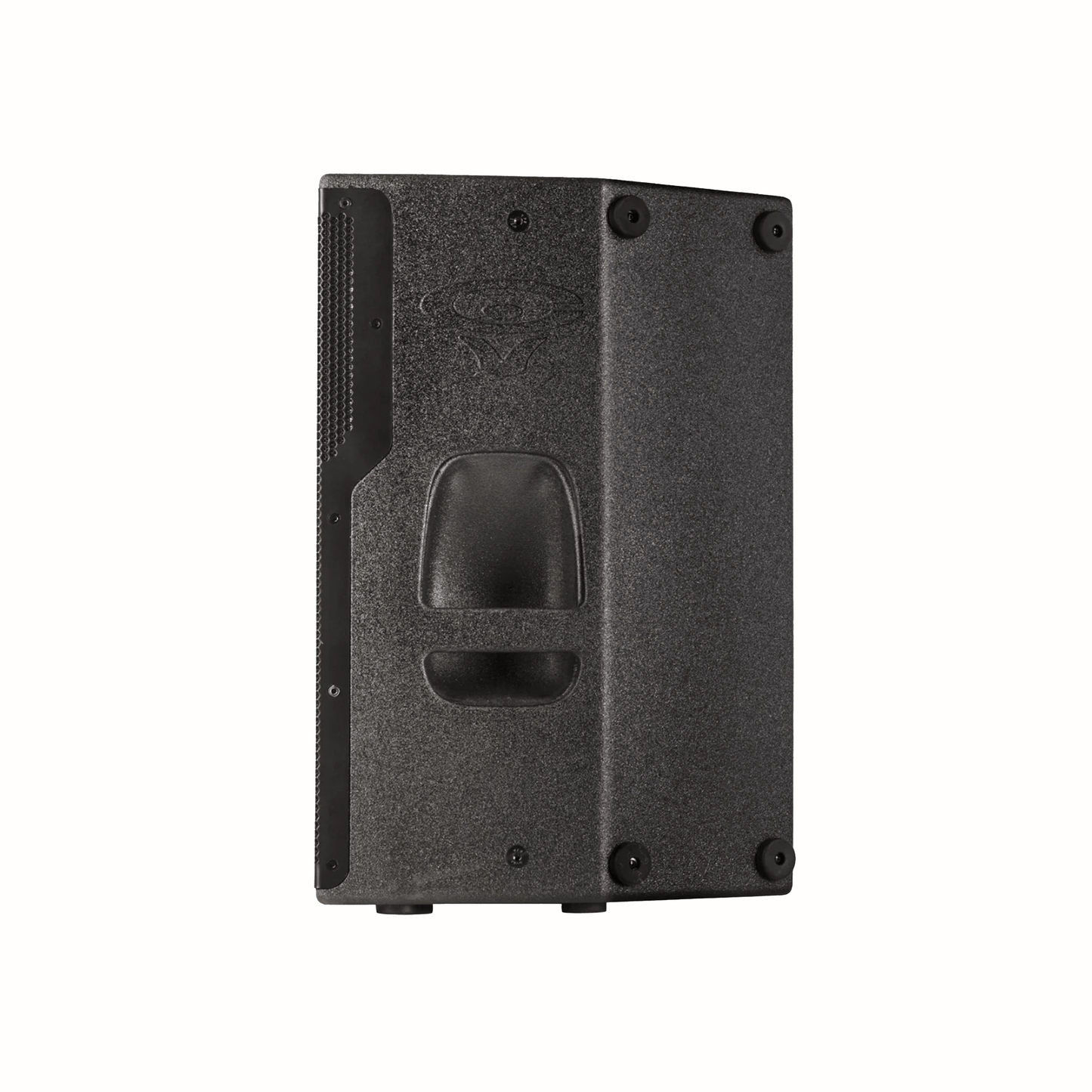 The CVXL-112 from the Cerwin-Vega CVXL Series is a black, rectangular 2-way powered loudspeaker with a textured surface. It includes a central molded handle and four circular rubber corner feet, known for exceptional audio performance, with a subtle logo and assembly screws visible.