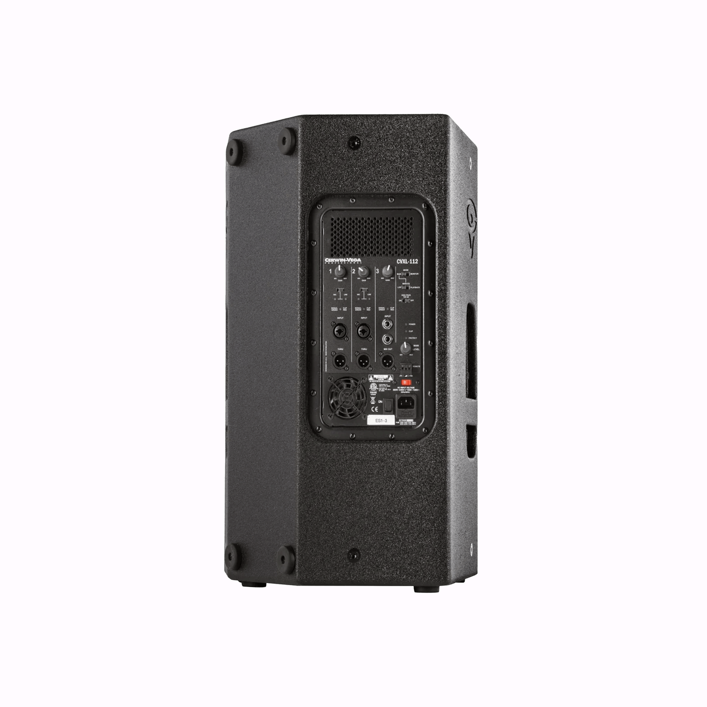 The rear of the CVXL-112 powered loudspeaker from Cerwin-Vega's CVXL Series features a vertical rectangular design with a control panel, input/output ports, knobs, and buttons. A textured surface with side handles aids transport, and the brand logo is prominently displayed in the upper right corner.