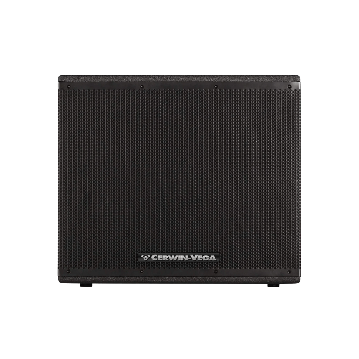 The sleek black CVXL 18" Powered Subwoofer - CVXL-118S features a textured front grille, Class D amplifiers, and a sturdy design with beveled edges and small feet for stability. The speaker stands confidently against a white background.