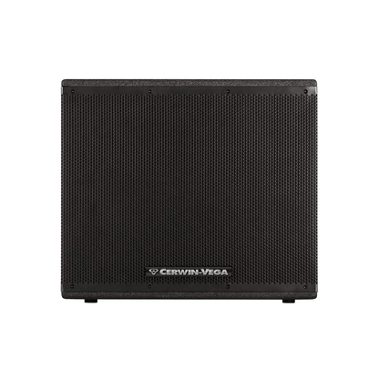 The sleek black CVXL 18" Powered Subwoofer - CVXL-118S features a textured front grille, Class D amplifiers, and a sturdy design with beveled edges and small feet for stability. The speaker stands confidently against a white background.