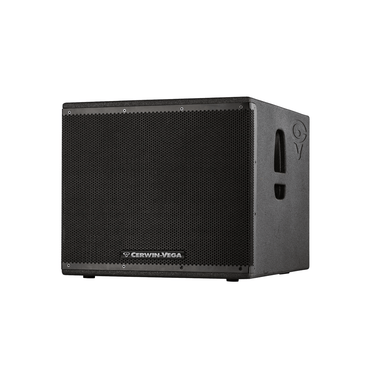 The CVXL-118S 18" Powered Subwoofer from the CVXL Series features a textured, black grille with a logo at the bottom center. The rectangular design includes a right-side handle and "CV" near the top right, set against a plain white backdrop.