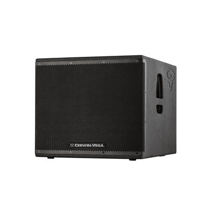 The CVXL-118S 18" Powered Subwoofer from the CVXL Series features a textured, black grille with a logo at the bottom center. The rectangular design includes a right-side handle and "CV" near the top right, set against a plain white backdrop.