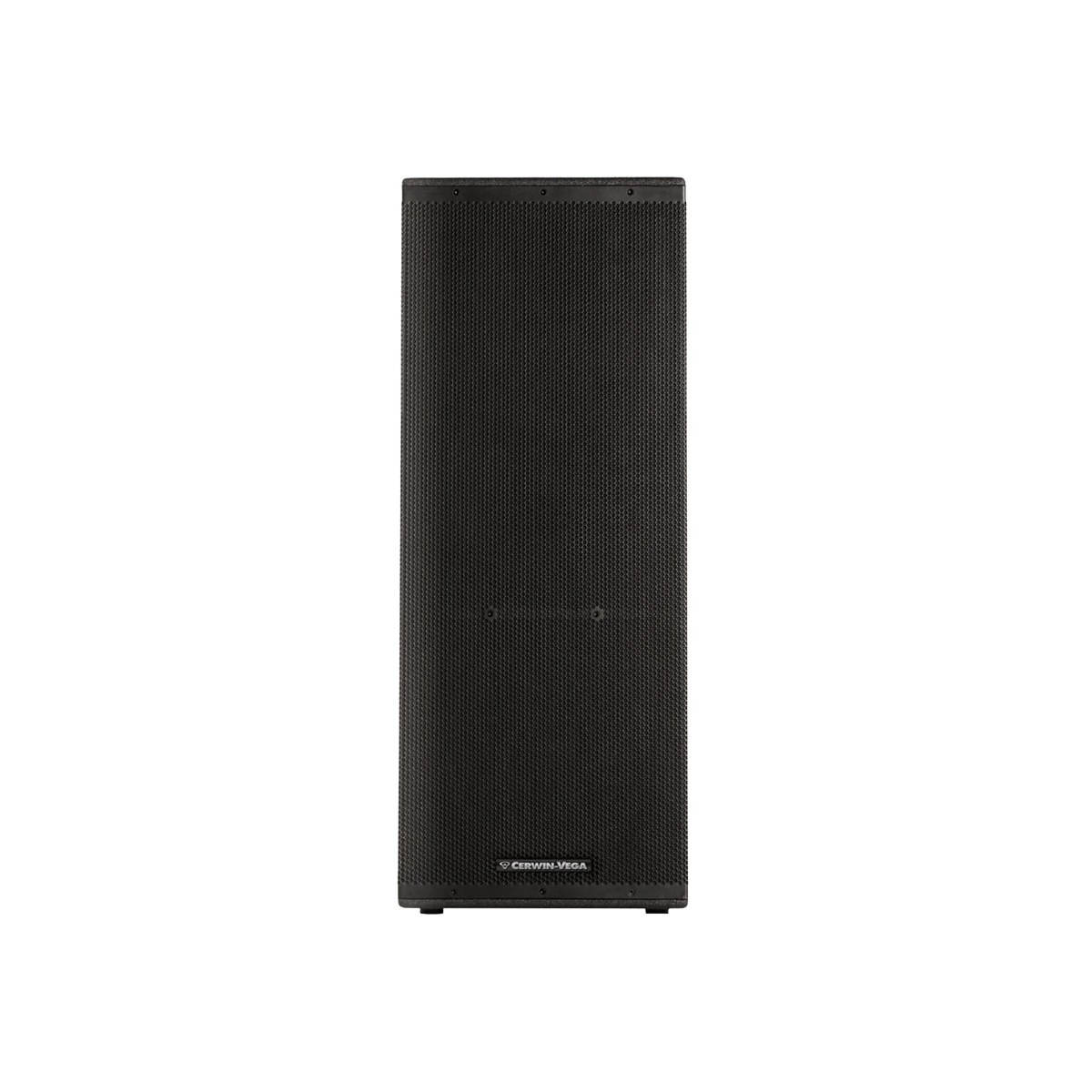 The Cerwin-Vega CVXL-215 Dual 15" 2-Way Powered Loudspeaker features a tall, black, rectangular design with a fine mesh grille. Its sleek look is complemented by Class D amplifiers for superior audio performance and the brand's logo prominently displayed at the bottom center.