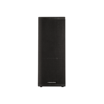 The Cerwin-Vega CVXL-215 Dual 15" 2-Way Powered Loudspeaker features a tall, black, rectangular design with a fine mesh grille. Its sleek look is complemented by Class D amplifiers for superior audio performance and the brand's logo prominently displayed at the bottom center.