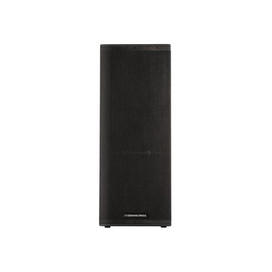 The Cerwin-Vega CVXL-215 Dual 15" 2-Way Powered Loudspeaker features a tall, black, rectangular design with a fine mesh grille. Its sleek look is complemented by Class D amplifiers for superior audio performance and the brand's logo prominently displayed at the bottom center.