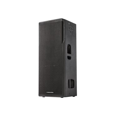 A CVXL Dual 15" 2-Way Powered Loudspeaker (CVXL-215) stands tall and black, featuring a rectangular shape with a perforated grille and textured finish. It has side cut-out handles for portability and the Cerwin-Vega CVXL Series logo near the bottom, all powered by Class D amplifiers.