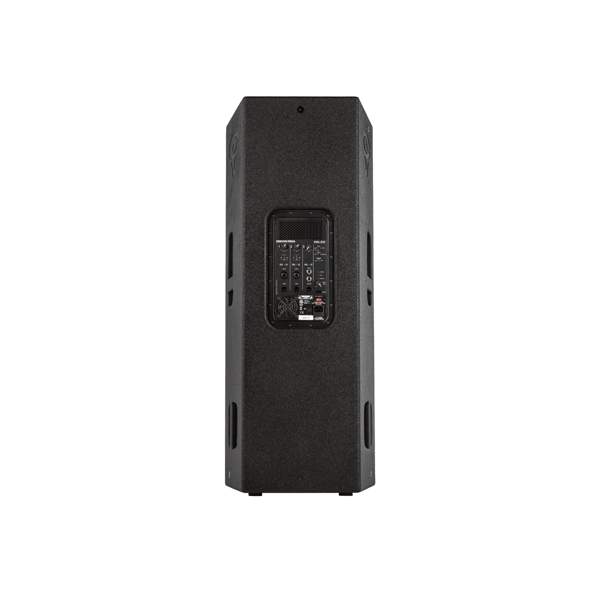 The CVXL Dual 15" 2-Way Powered Loudspeaker - CVXL-215 from Cerwin-Vega features a sleek, rectangular design. Its back panel includes Class D amplifiers, input/output ports, control knobs, and a small display. Side handle slots and a textured surface enhance its functionality and portability.