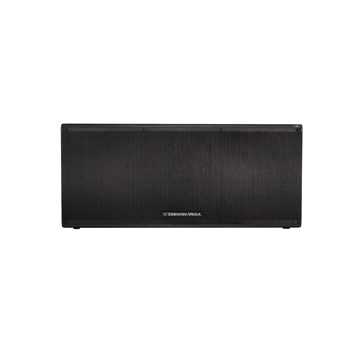 The black Cerwin-Vega CVXL Dual 18" Powered Subwoofer, model CVXL-218S, features a sleek rectangular design with a textured grid surface and the iconic white logo at the bottom center. This minimalist piece stands out in any setting against its plain white background for a clean look.