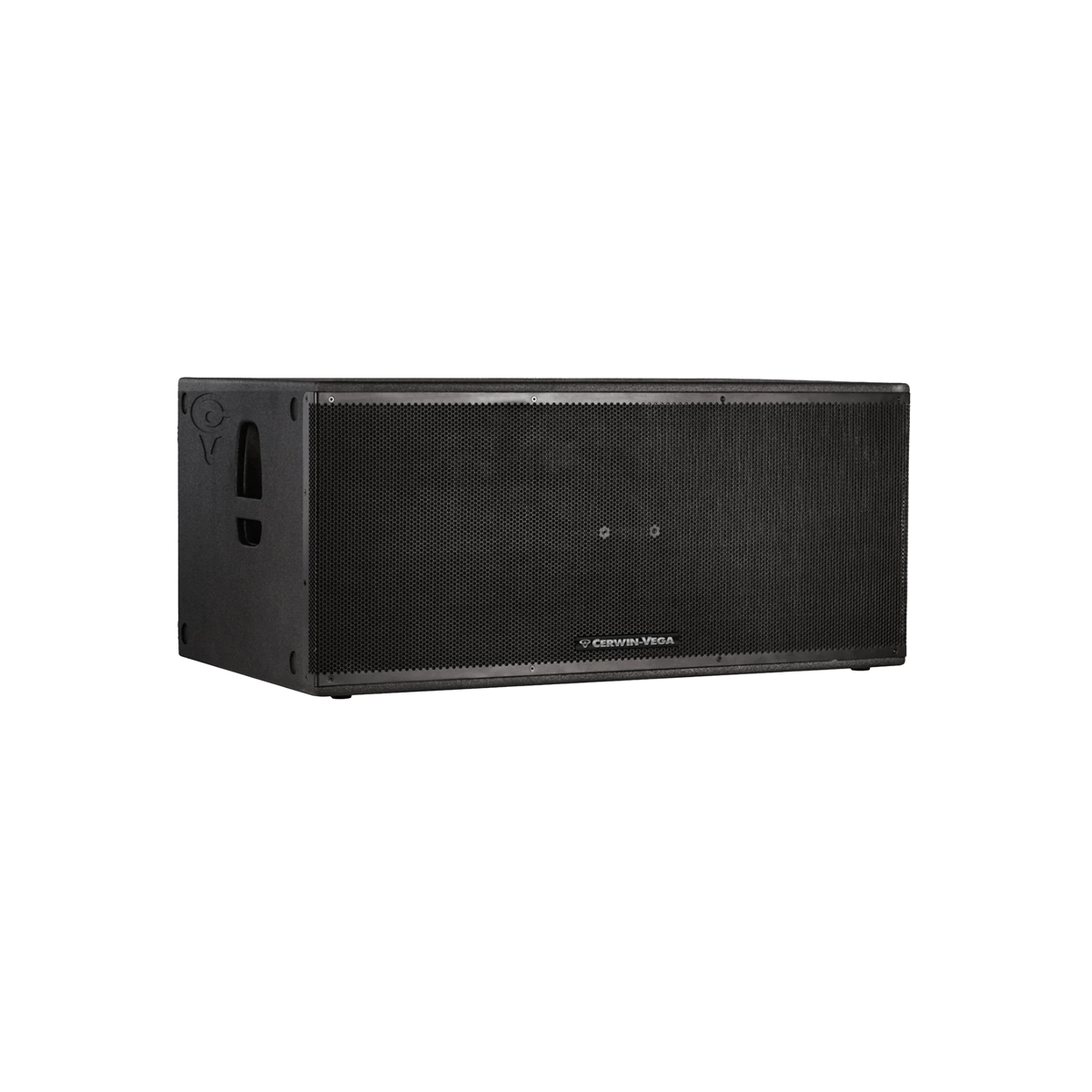 The Cerwin-Vega CVXL-218S is a black, rectangular, dual 18" powered subwoofer with a mesh front and white background. It features a logo on the front grille and side handles for easy transport, making it ideal for professional audio environments.