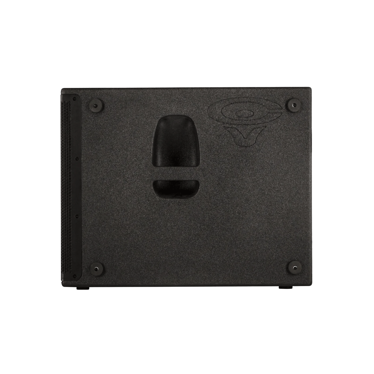 The CVXL-218S, a black acoustic guitar amplifier with a textured surface and rugged design akin to Cerwin-Vega CVXL Series speakers, features a central handle on the front, subtle logo on the top right corner, and black mesh side panels with four visible screws in each corner.