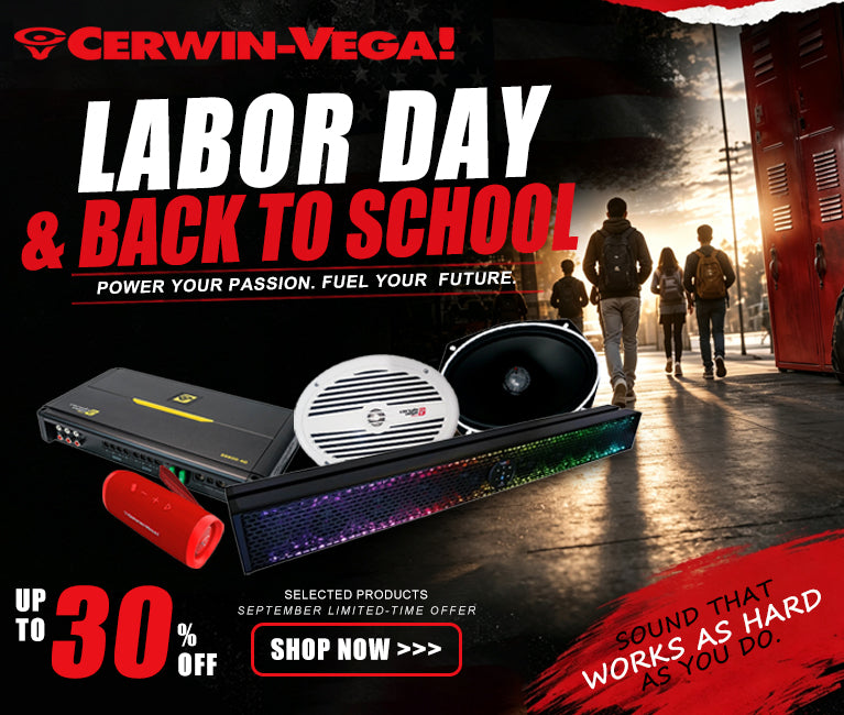 Cerwin-Vega Labor Day and Back to School sale banner - up to 30% off select audio products, September limited-time offer
