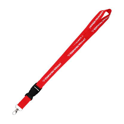 The Cerwin-Vega Mobile Lanyard, model CVMLANR, features vibrant red with "CERWIN-VEGA!" in white, a black detachable plastic clip, and a metallic swivel hook against a vertically streaked background of pink, white, and gray.