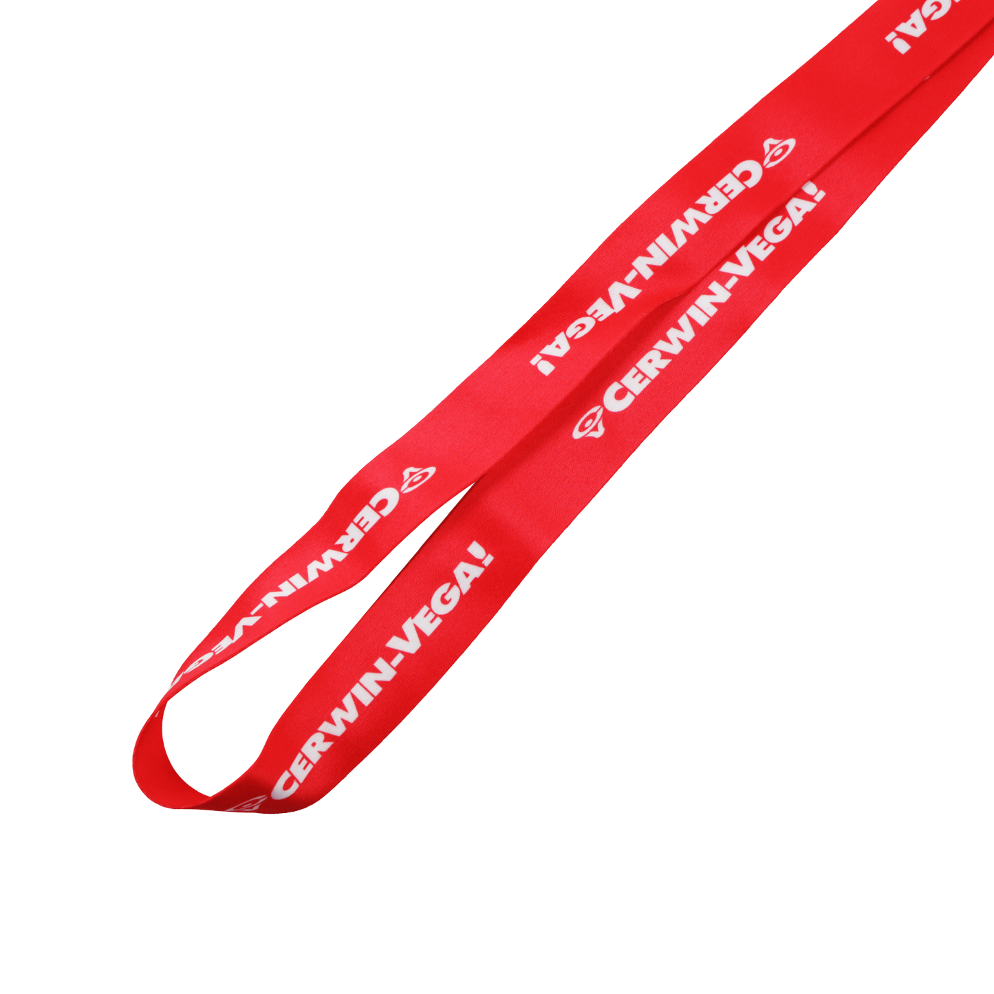 The Cerwin-Vega Mobile Lanyard (CVMLANR) in red and black showcases the iconic white "CERWIN-VEGA!" text throughout, enhanced by a stylized logo.