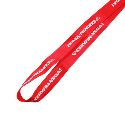 The Cerwin-Vega Mobile Lanyard (CVMLANR) in red and black showcases the iconic white "CERWIN-VEGA!" text throughout, enhanced by a stylized logo.